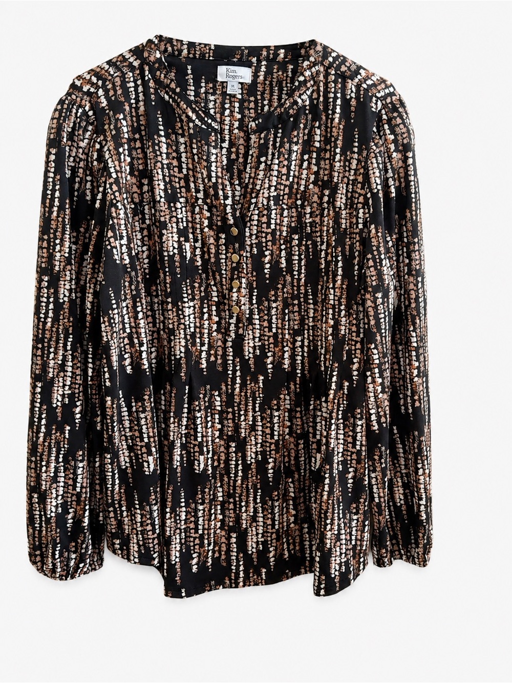 Kim Rogers Women’s XL Blouse Black Brown Abstract Print Long Sleeve Button Front